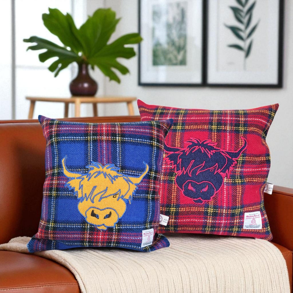 Handmade Harris Tweed cushion cover with Royal Stuart Hairy Coo appliqué. 40x40cm, concealed zip, crafted in Scotland.